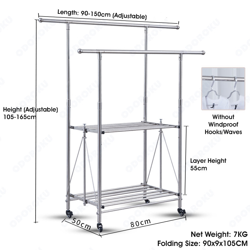 ODOROKU Foldable and Expandable Stainless Steel Clothes Rack with Wheels Laundry Rack Clothes Garment Rack Foldable Rack Collapsible and Extendable Clothing Shelf - ODOROKU