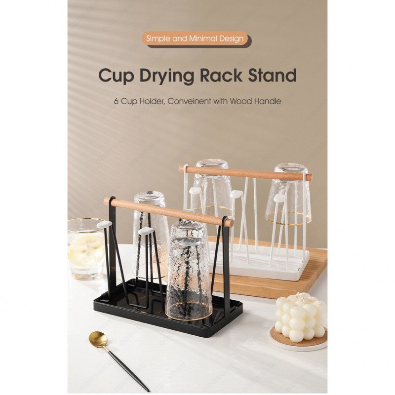 ODOROKU Cup Drying Rack Stand with Drain Tray Beer Glasses Rack 6 Cup Metal Drainer Holder Rack Non-Slip Mugs Cups Organizer with Wood Handle, Black White - ODOROKU