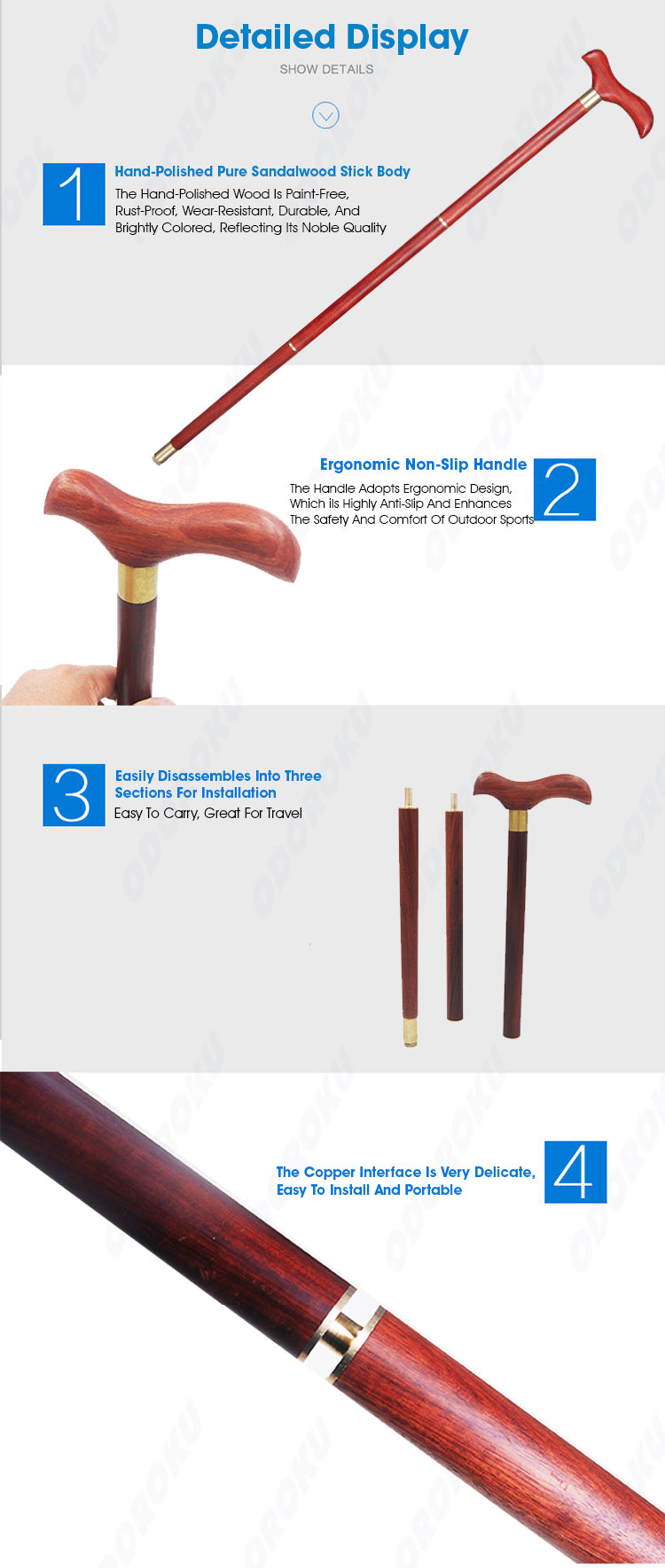 ODOROKU 3 Sections Wooden Folding Cane Wooden Cane The Elderly Lightweight Folding Crutches Anti-Skid Sticks Portable Wood Sticks Red Wood Sandal Wood - ODOROKU