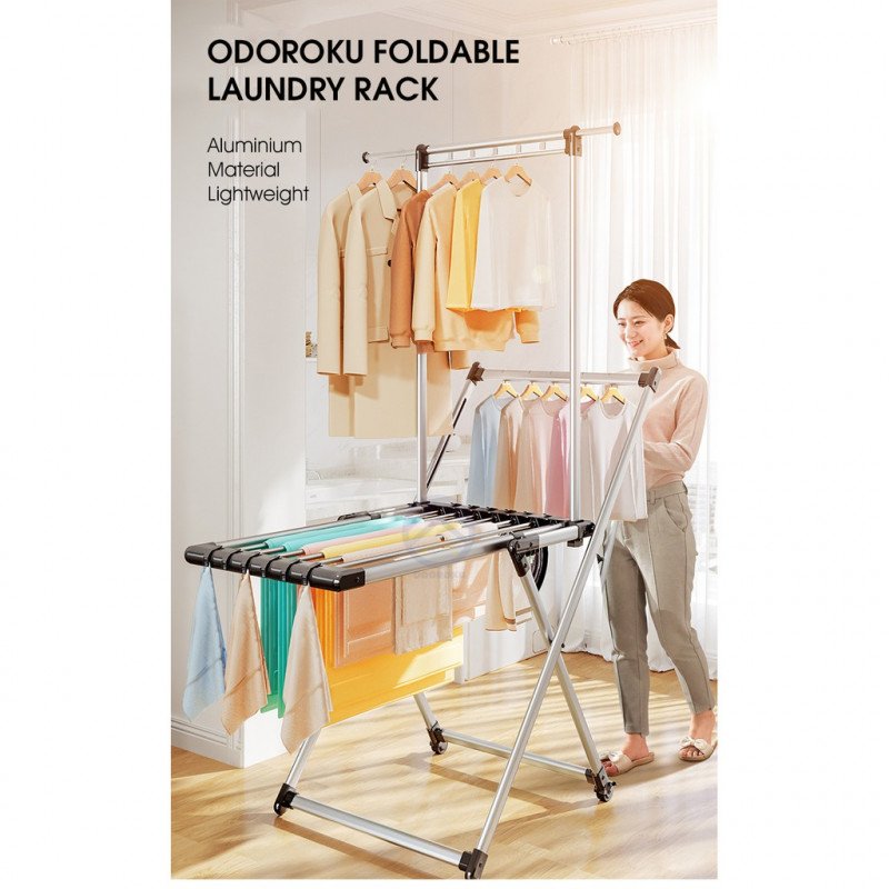 ODOROKU Aluminum Foldable Clothes Drying Rack with Wheels High Quality Laundry Rack Stable & Solid Aluminum - ODOROKU