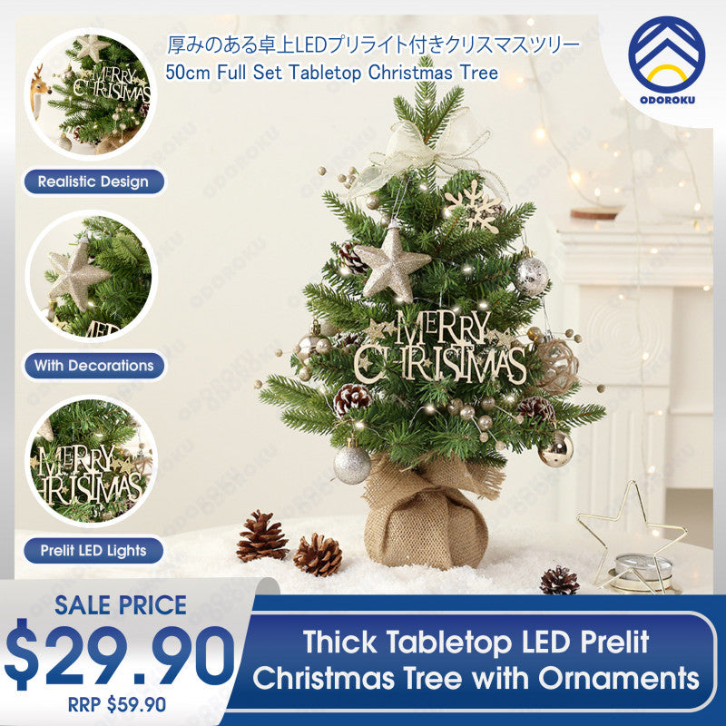 ODOROKU Thick Tabletop LED Prelit Christmas Tree with Ornaments Realistic Feel with Lights Battery Powered Artificial Xmas Spruce Tree Christmas Decorations Indoor Home Party - ODOROKU