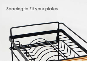 ODOROKU 1/2 Tier Dish Rack 201 Stainless Steel with Drainer and Wooden Handle with Utensil Holder and Cutting Board Holder Dish Drainer with Removable Drain Board for Kitchen Counter Organizer Storage Water Tray (Black/White) - ODOROKU