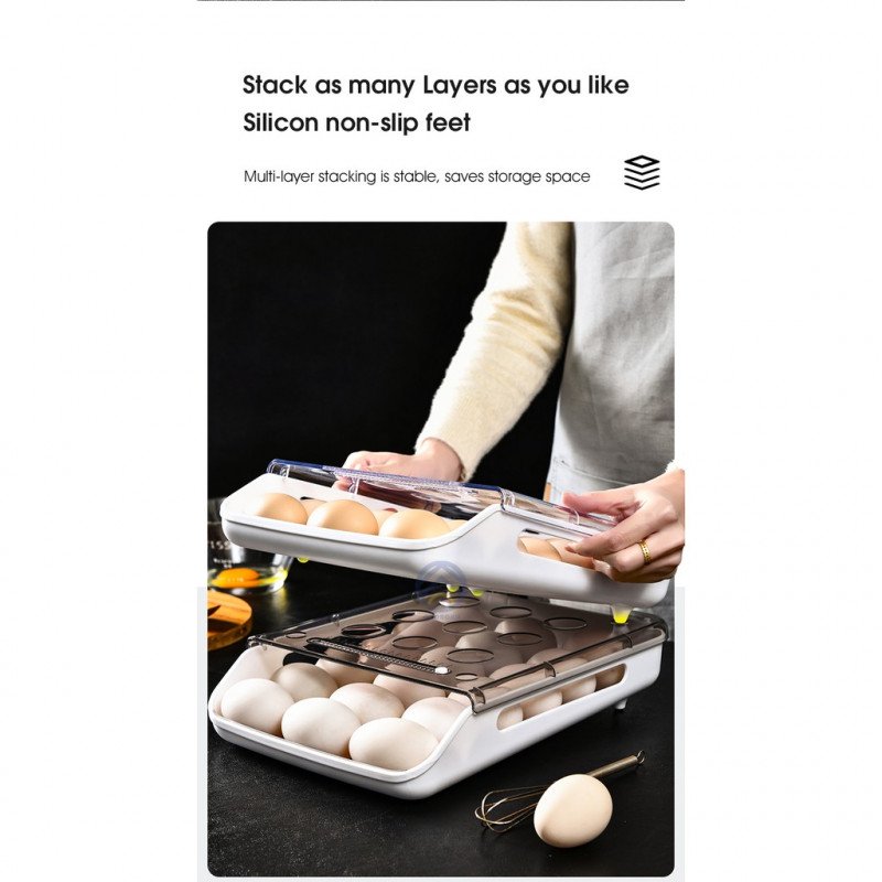 ODOROKU Rolling Stackable Egg Holder Auto Scrolling Down for Refrigerator Smart Stackable Antislip Deviled Egg Tray Food - ODOROKU