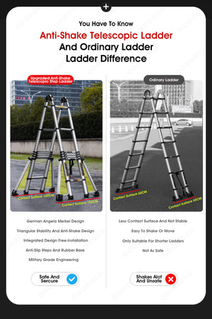 ODOROKU 8 Legs Aluminum Telescopic Ladder Extension Foldable Ladder A Shape or Straight Ladder Multi-Purpose Ladder with Wheels and Base Support, 2000kg Capacity - ODOROKU