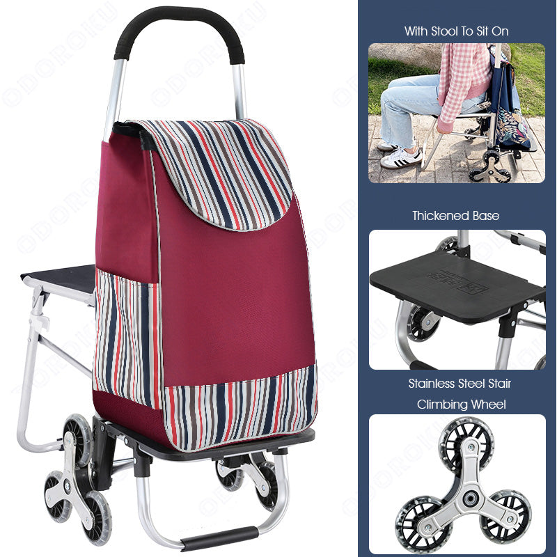 ODOROKU Foldable Aluminum Grocery Cart With Stool Seat For Elderly Shopping 3 Wheels Stairs Climbing Wheel Waterproof Easy Storage Heavy Duty Multi-Purpose Large Capacity Push Cart Trolley Travel Supermarket Market Fresh Food Red Maroon Navy Blue - ODOROKU