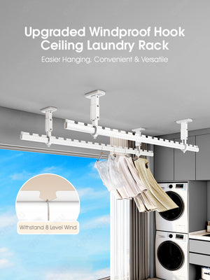 ODOROKU 1.2/1.5/2/2.4m Aluminum Windproof Clothes Drying Rod Ceiling Wall Mounted Laundry Rack Windproof Hooks Garment Clothing Bar Closet Storage Hanging Bar Heavy Duty Rustproof - ODOROKU