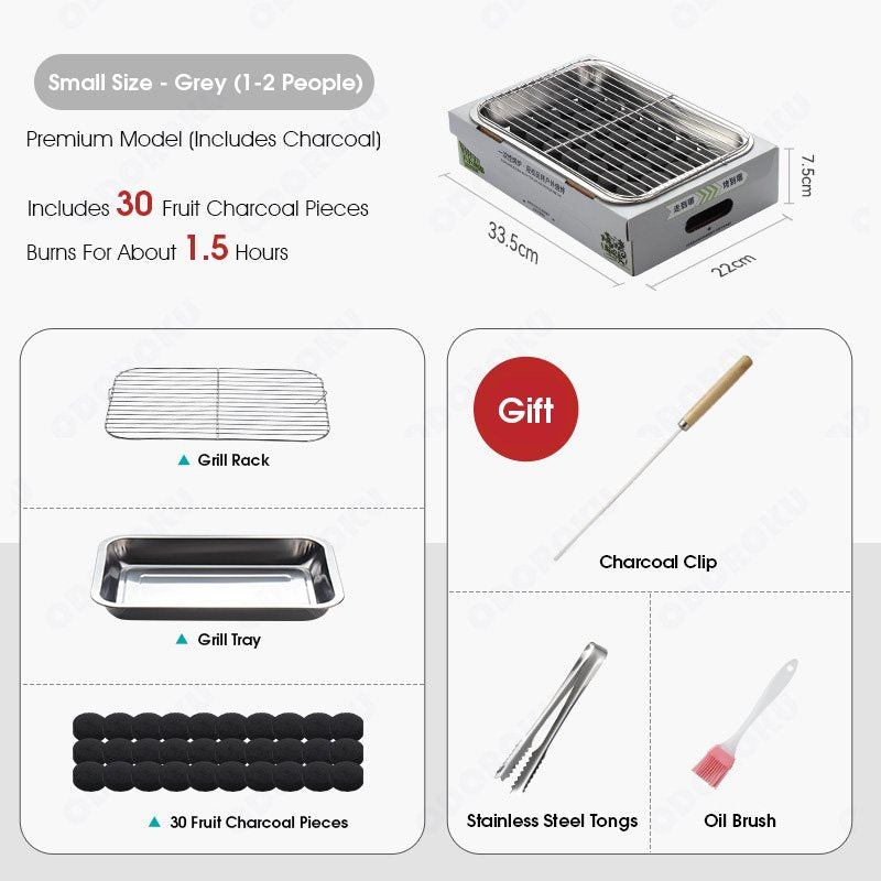 ODOROKU Disposable Stainless Steel Charcoal Grill BBQ Set Mini Compact With Accessories Portable Grills Fast Ignite Charcoal Included Easy Set Up Birthday Party Barbeque Party Outdoor Camping Picnic Travel Cook Satay Marshmallow Sausage Skewers Steak - ODOROKU