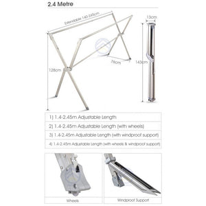 ODOROKU 2.4/2.6m Stainless Steel Extendable X Shape Drying Rack with Wheels & Windproof Support Foldable Space Saving - ODOROKU