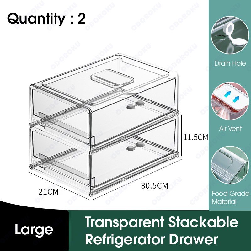 ODOROKU Stackable Refrigerator Drawer Organizer Bins Refrigerator Storage Bins Drawers Stackable Clear Fridge Organizer BPA Free Plastic Storage Drawers - ODOROKU