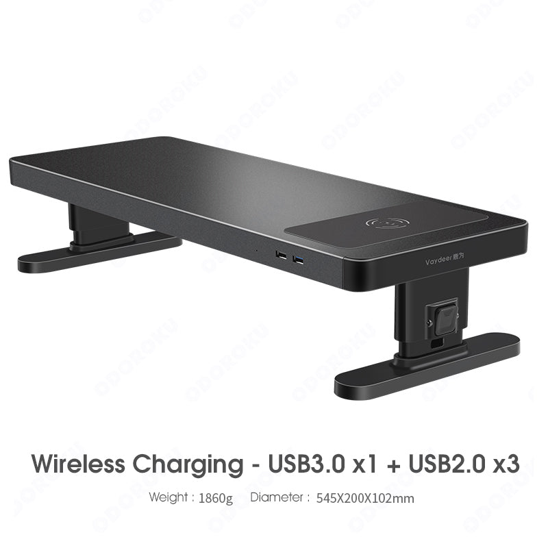 ODOROKU Height Adjustable Monitor Stand Computer Riser with USB & Wireless Charging Phone Charger 4 USB Ports Hub and Drawer Storage Metal Desktop Organizer Lifter Shelf for PC Screen Studio Display Office Gaming - ODOROKU