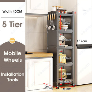 ODOROKU 3/4/5 Tiers Heavy Duty Free Standing Kitchen Rack with Cabinet Door & Removable Back Panel for Kitchens Storage with Rolling Wheels Microwave Oven Stand Rack - ODOROKU