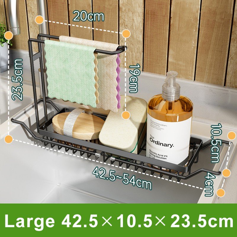 ODOROKU 36-54cm Extendable Sink Organizer Rack Sponge Holder Cloth Holder for Kitchen Sink 304 Stainless Kitchen Sink Organizer, Rust Proof Water Proof, Larger Sink Brush Holder, No Drilling, Black Silver - ODOROKU