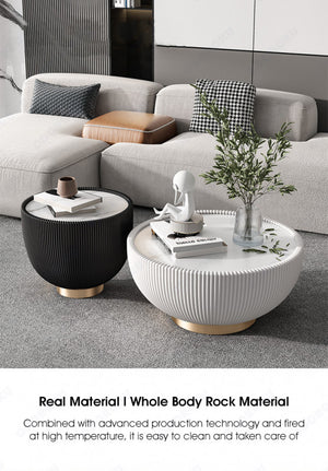 ODOROKU Sintered Stone Coffee Table with Microfiber Leather Set of 2 Set Golden Frame Minimalist Circular and Marble Material Pattern Tables, Living Room Bedroom Apartment Modern Industrial Space Saving - ODOROKU