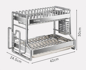 ODOROKU 2/3 Tier 304 Stainless Steel Dish Rack with Utensils Holder and Water Tray Dish Drying Stand Dish Storage Box Dish Bowl Plate Cutlery Drainage Holder Kitchen Shelf Organizer - ODOROKU