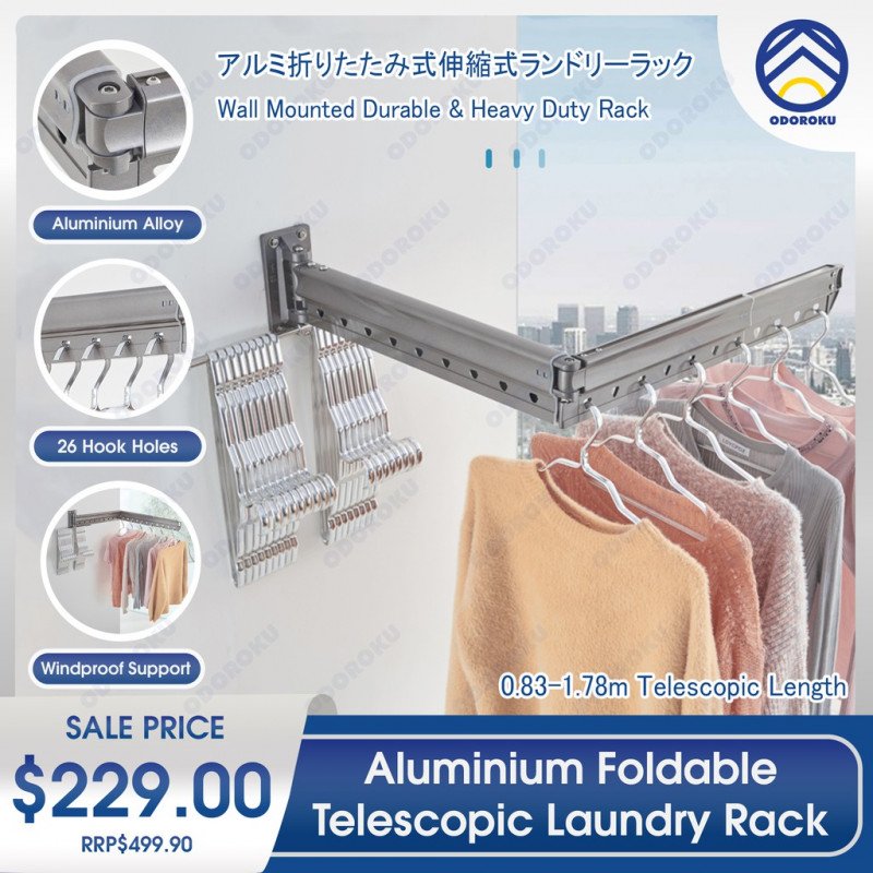 ODOROKU Aluminum Wall Mounted Foldable Telescopic Laundry Rack Drying Rack Heavy Duty Foldable Space Saving Retractable - ODOROKU