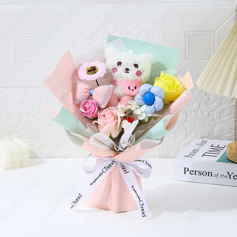 ODOROKU Handmade Plush Bear Bouquet with Artificial Flowers Soap Rose Bouquet Gift with Teddy Bear and Ribbon Birthday Bridal Shower Graduation Mother's Day Gift - ODOROKU