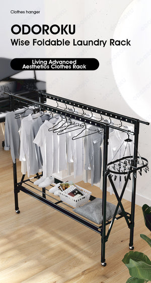 ODOROKU Black Aluminum Foldable Laundry Rack with Wheels Telescopic Rack Extendable Foldable Clothes Heavy Duty - ODOROKU