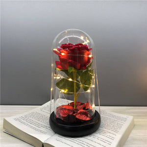 ODOROKU Silk Rose and Led Light with Fallen Petals in Glass Dome on Wooden Base Artificial Rose Rose Kit Rose Glass Dome Valentine's Day Anniversary Birthday Mothers Day Gift - ODOROKU