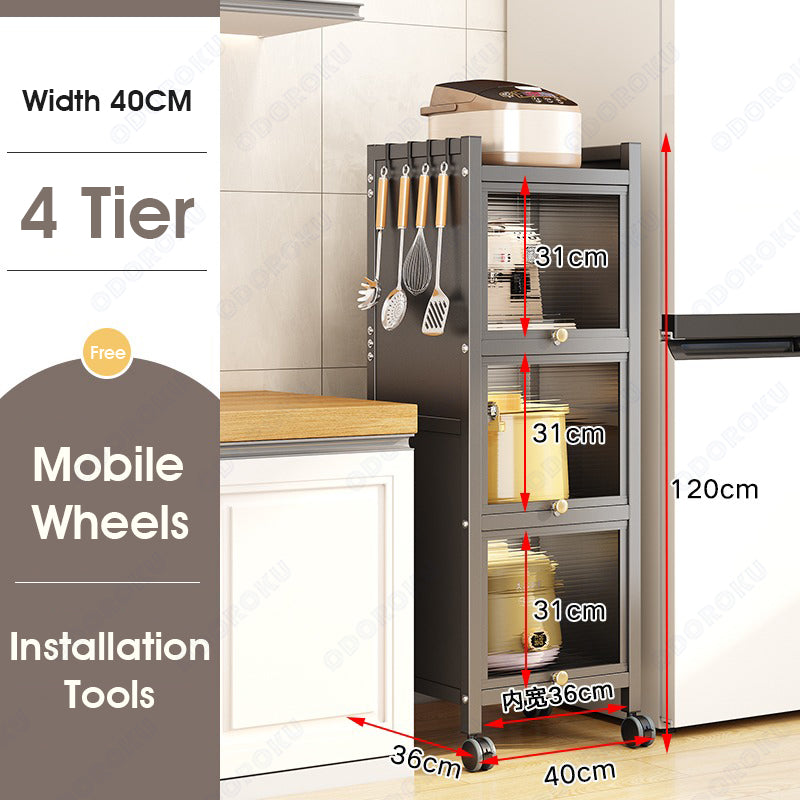 ODOROKU 3/4/5 Tiers Heavy Duty Free Standing Kitchen Rack with Cabinet Door & Removable Back Panel for Kitchens Storage with Rolling Wheels Microwave Oven Stand Rack - ODOROKU