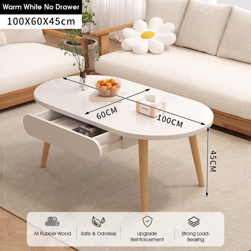 ODOROKU 80/100/120cm Wood Modern Oval Coffee Table with Drawer 1.5cm Thickness Solid Rubber Wooden Coffee Table Scandinavian Nordic Design Round Wooden Center Table Side End Table for Living Room Sturdy Tea Table - ODOROKU