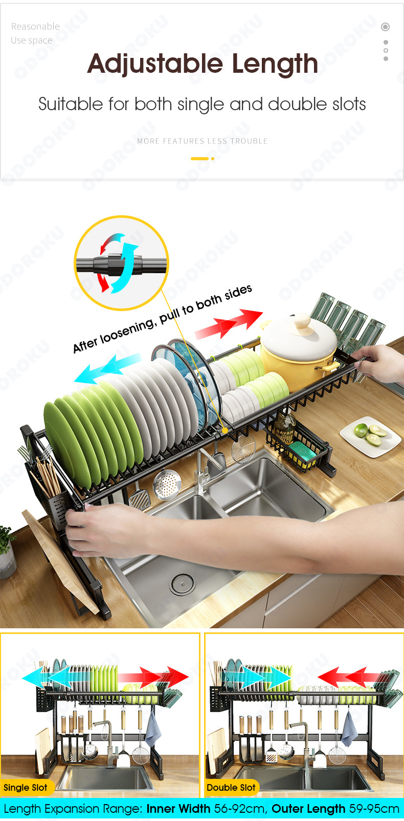 ODORKU 59-95cm Adjustable Height & Length 1/2 Tiers Stainless Steel Telescopic Dish Rack Over Sink Dish Drying Rack Extendable Dish Rack with Utensils Cup Knife Soap Chopping Board Holder - ODOROKU