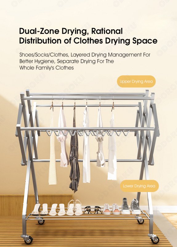 ODOROKU Huge W Shape 1.6m Multi-Bar Stainless Steel Clothes Drying Rack With Wheels Metal Huge Size Heavy Duty Hanging Free Standing Waterproof Rustproof Laundry Bedsheet Quilts Shoes Socks Suitable for Indoor Outdoor Silver - ODOROKU