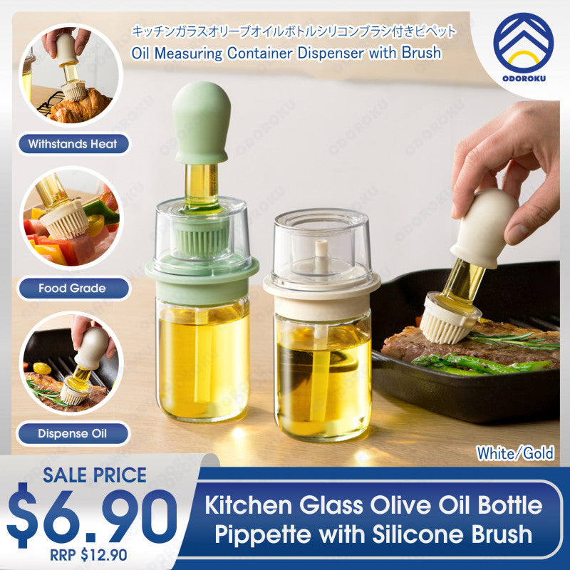 ODOROKU Kitchen Glass Olive Oil Bottle Pippette with Silicone Brush 180ml Oil Dispenser with Brush 2 IN 1 Oil Dispenser Bottle with Silicone Basting Brush for Cooking Vinegar Sauce BBQ Grill Frying White Green - ODOROKU