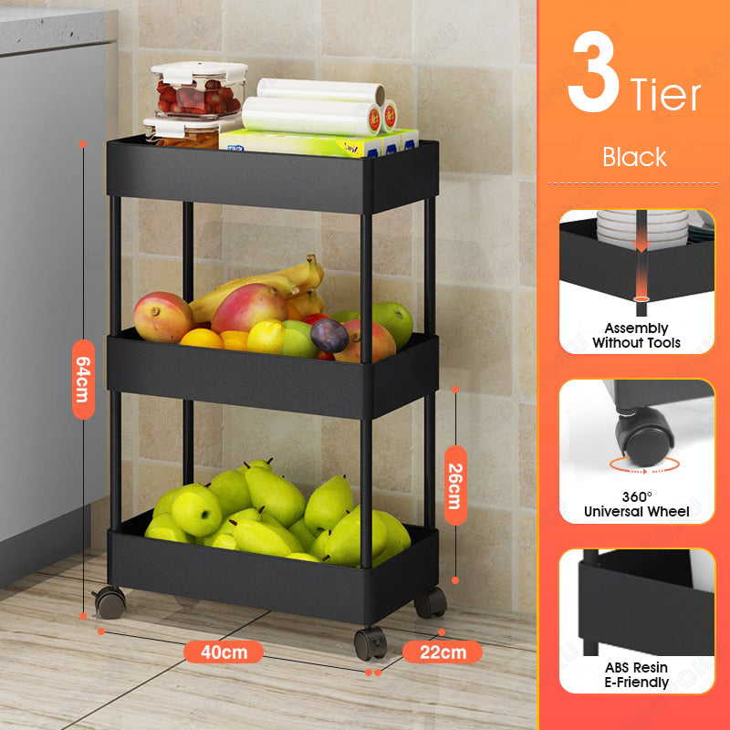 ODOROKU 3/4/5 Tiers Slim Storage Cart Kitchen Bathroom Rolling Utility Cart Storage Organizer Cart Mobile Shelving Unit Organizer Kitchen Trolley Black White - ODOROKU