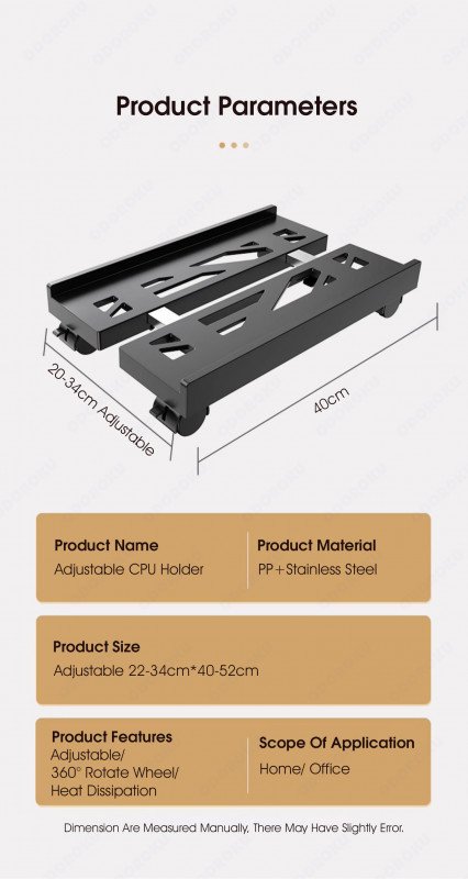 ODOROKU 22-35cm Adjustable Length PC Holder CPU Rolling Stand with Wheels PC Stand Computer Tower Stand, Adjustable Mobile CPU Stand, Heavy-Duty Desktop Stand with Rolling Caster Wheels PC Riser Fits Most PC Gaming Desk Office Under Desk Black White - ODOROKU