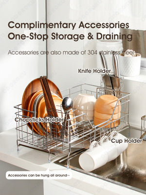 ODOROKU 1 Tier Expandable 304 Stainless Steel Dish Rack with Utensils Knife Cups Holder and Water Tray Extendable Dish Rack Kitchen Sink Organizer for Counter Dish Drying Rack Large Capacity Kitchen Accessories with Spout - ODOROKU