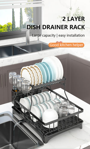 ODOROKU 2 Tier Dish Rack with Drainer Cup Holder & Utensils Holder Compact Dish Drainer Rack Sink Organizer Dish Rack for Kitchen Counter Bowl & Plates Dish Drying Rack Black White - ODOROKU