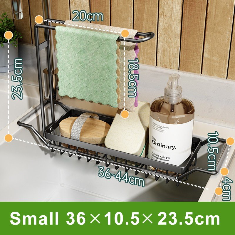 ODOROKU 36-54cm Extendable Sink Organizer Rack Sponge Holder Cloth Holder for Kitchen Sink 304 Stainless Kitchen Sink Organizer, Rust Proof Water Proof, Larger Sink Brush Holder, No Drilling, Black Silver - ODOROKU