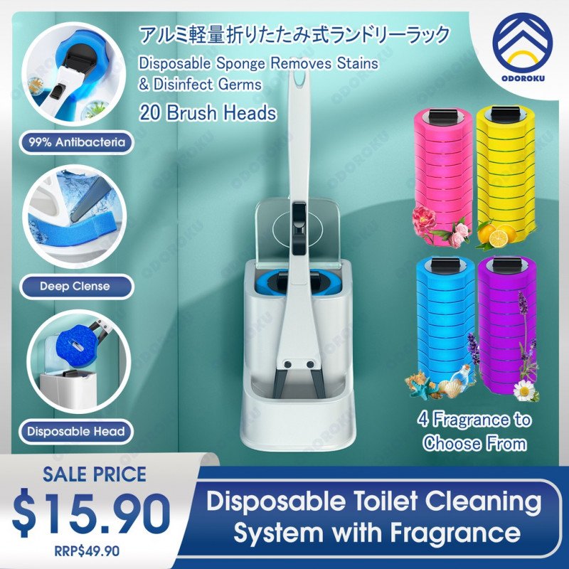 ODOROKU Disposable Toilet Cleaning System With Fragrance and Storage Box Wall Mounted or Free Standing 20 Refill Heads - ODOROKU