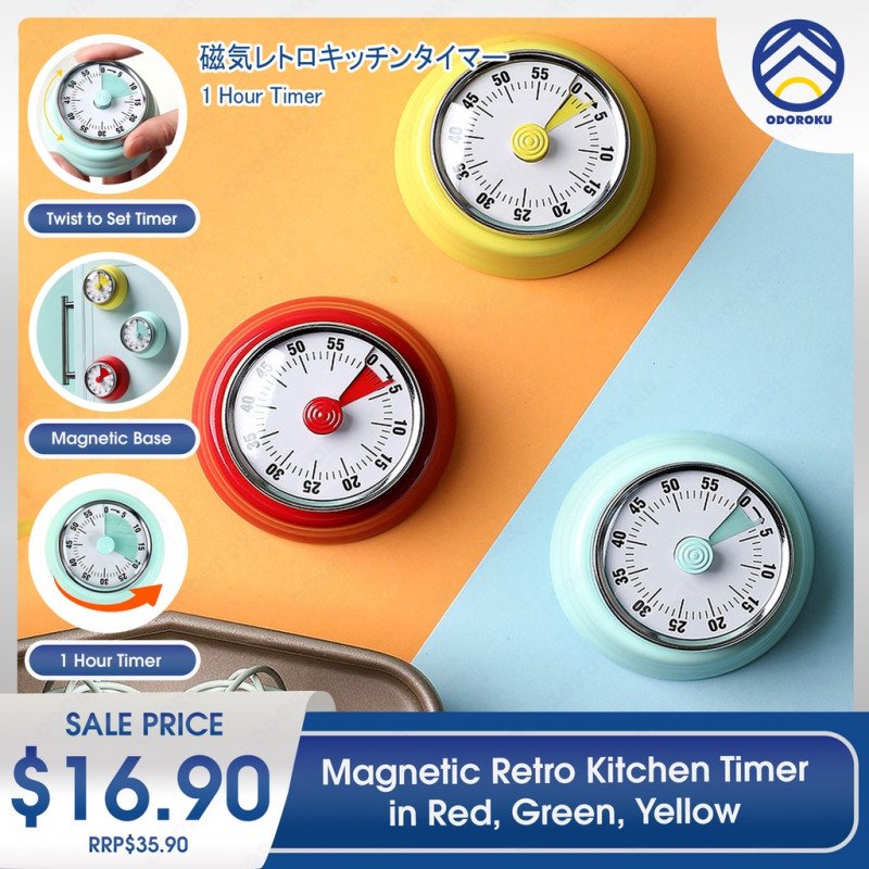 ODOROKU Magnetic Retro Kitchen Timer 1 Hour Timer Classic Mechanical Cooking Timer Round Timer Red Yellow Green - ODOROKU