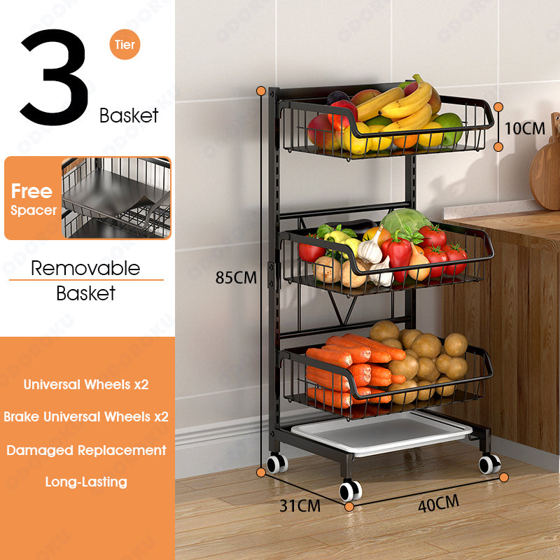 ODOROKU 3/4 Tier Adjustable Height Fruit Vegetable Basket Cart with Wooden Board Stackable Metal Wire Storage Cart for Pantry Organization Rolling Pantry Utility Kitchen Cart - ODOROKU