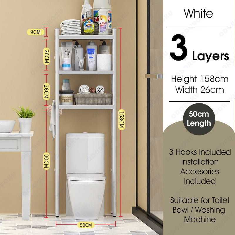 ODOROKU 2/3 Tier Washing Machine Toilet Storage Rack Over-The-Toilet Cabinet Bathroom Organizer Bathroom Space Saver with Multi-Functional Shelves Black White - ODOROKU