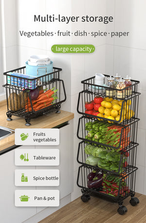 ODOROKU 2/3/4/5 Tiers Kitchen Basket Rack with Wheels & Water Tray Multipurpose Rack Storage Shelf Trolley Cart Shelf Rack Organizer Storage Movable Vegetable And Fruit Basket Space Saving Organizer with Locking Wheels Black - ODOROKU