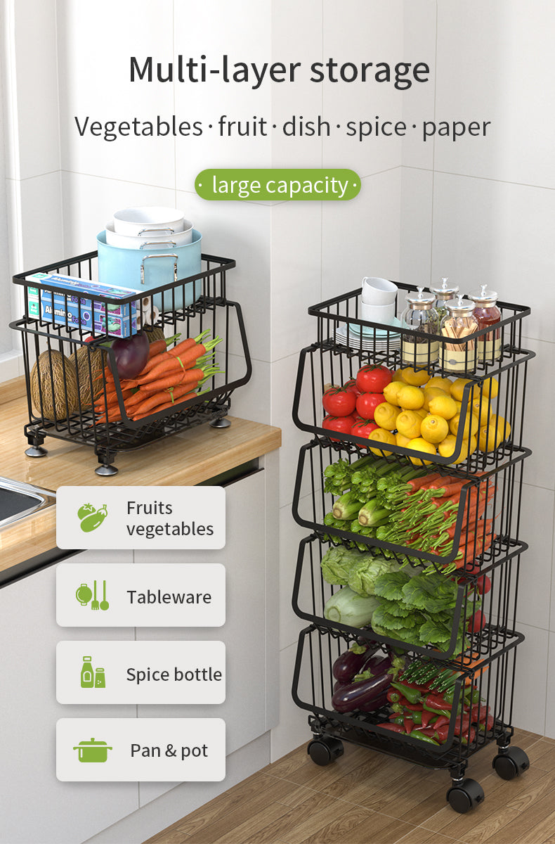 ODOROKU 2/3/4/5 Tiers Kitchen Basket Rack with Wheels & Water Tray Multipurpose Rack Storage Shelf Trolley Cart Shelf Rack Organizer Storage Movable Vegetable And Fruit Basket Space Saving Organizer with Locking Wheels Black - ODOROKU