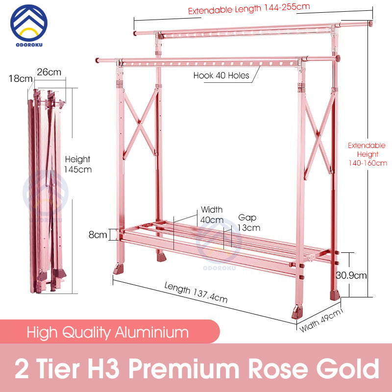 ODOROKU Aluminum Foldable Laundry Rack with Wheels Telescopic Rack Extendable Foldable Clothes Heavy Duty - ODOROKU