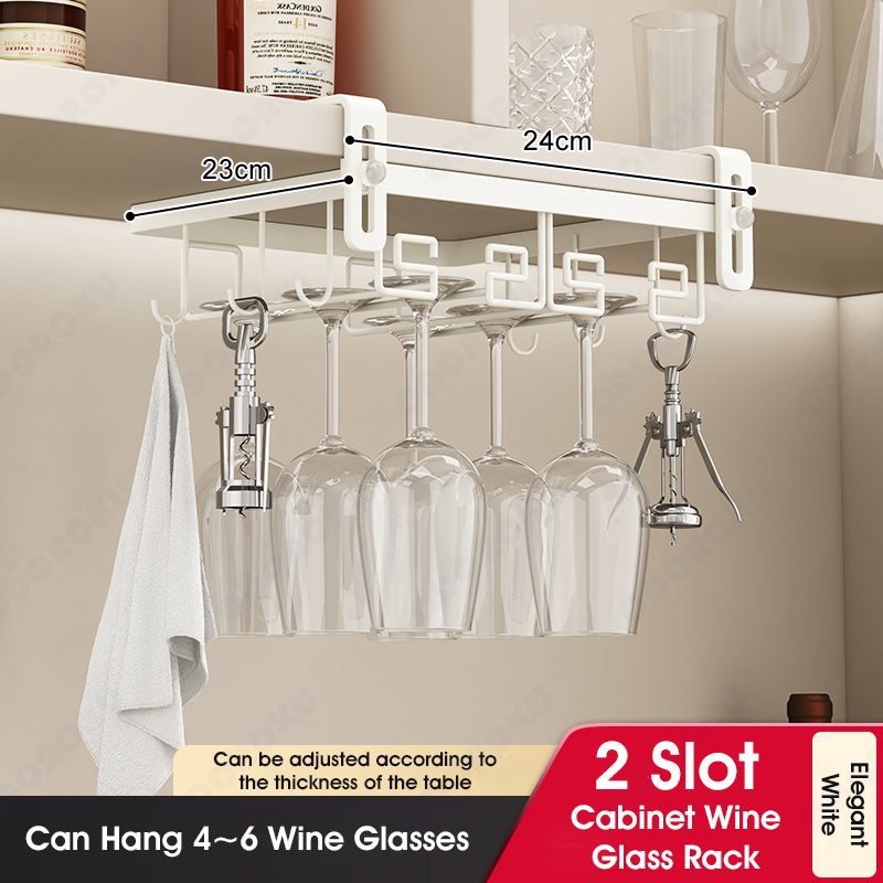 ODOROKU 2/3/4 Slots Adjustable Wine Glass Holder Under Shelf Nail Free Metal Stemware Holder Storage Hanger Hanging Wine Glasses Rack Organizer Under Cabinet Mount for Bar Kitchen Gold White - ODOROKU