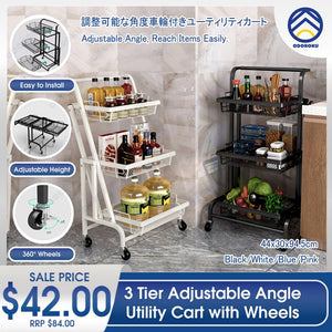 ODOROKU 3 Tiers Adjustable Angle Utility Carts with Wheels Multipurpose Rack Storage Shelf Trolley Cart Heavy Duty Shelf - ODOROKU