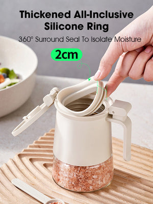 ODOROKU One Press Open Close Air Tight Glass Seasoning Jar Bottle 350ml 270° Flip Up Lid Spice Soda Lime Glass Bottle with Spoon Included Moisture Proof Spices Jar Container Handle Condiment Glass Jar Seasoning Spoon Lid Salt Sugar Box Kitchen Tools - ODOROKU