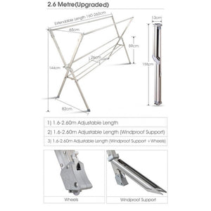 ODOROKU 2.4/2.6m Stainless Steel Extendable X Shape Drying Rack with Wheels & Windproof Support Foldable Space Saving - ODOROKU