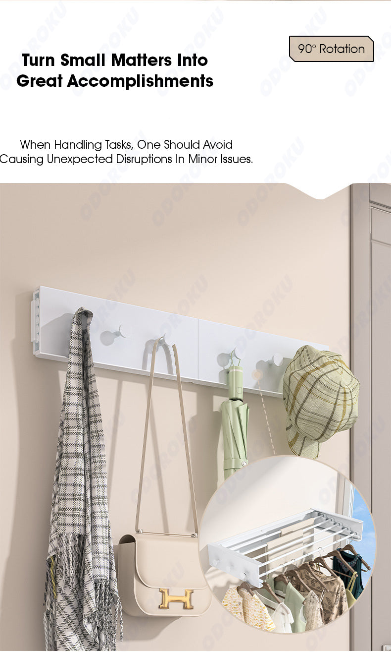 ODOROKU Wall Mounted Collapsible Laundry Clothes Drying Rack with 6 Hooks Aluminum Rods Foldable Design Clothing Wall Mount - ODOROKU