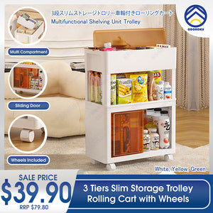 ODOROKU Slim Storage Rolling Cart with Wheels 3-Tier Snack Storage Cabinet Plastic Utility Cart Multifunctional Shelving Unit Trolley with Sliding Door Multi Compartment for Kitchen Bedroom Office Bathroom White - ODOROKU