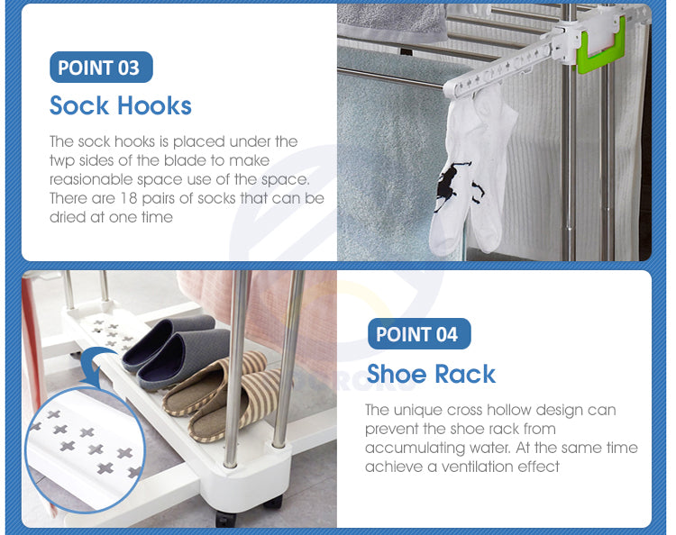 ODOROKU Foldable Clothes Rack Laundry Hanger with Wheels Shoes Sock Hanger Stainless Steel/ABS Shelving Foldable Space Saving Locking Function Wheels Easy Installation White - ODOROKU