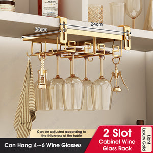 ODOROKU 2/3/4 Slots Adjustable Wine Glass Holder Under Shelf Nail Free Metal Stemware Holder Storage Hanger Hanging Wine Glasses Rack Organizer Under Cabinet Mount for Bar Kitchen Gold White - ODOROKU