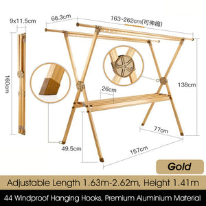 ODOROKU X Shape 2.6m Premium Aluminum Foldable Laundry Rack with Wheels Telescopic Rack Extendable Foldable Clothes Rack Heavy Duty Suitable for Indoor Outdoor Black - ODOROKU