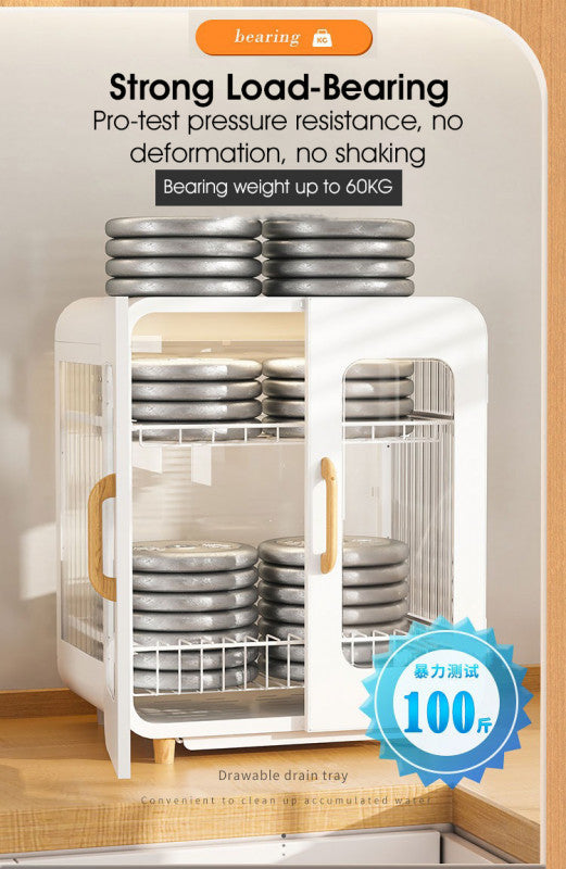 ODOROKU 2 Tier Minimalistic Cabinet Dish Rack with Doors and Water Tray Magnetic Door Dish Drainer Rack Bowl Plates Holder Dust Proof Cabinet Door - ODOROKU