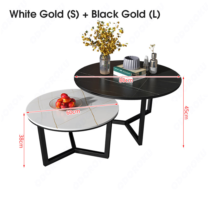 ODOROKU Round Coffee Table Set of 2 Marble Pattern Wooden Table Black Marble White Marble Nordic Style Double Round Wood Nesting Coffee Table Living Room - ODOROKU